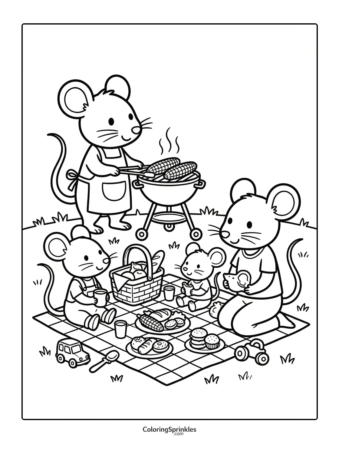 Coloring page of a mice family having a picnic with barbecue corn