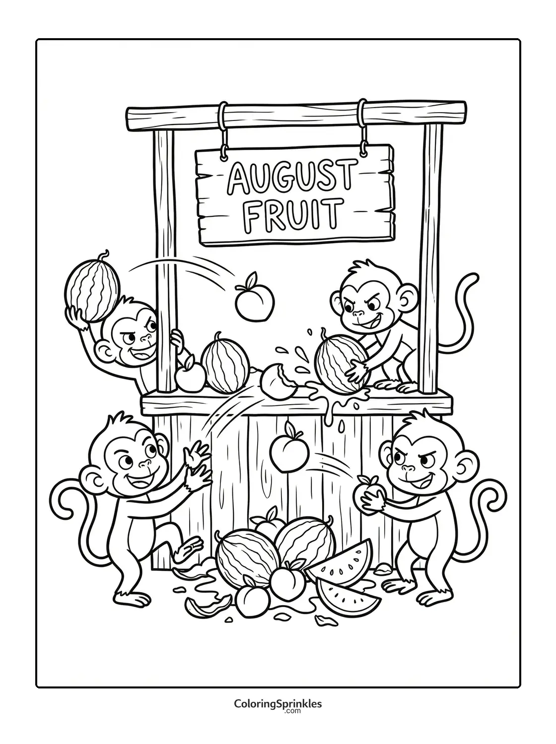 Coloring page of monkeys playing with watermelons and apples at an August fruit stand