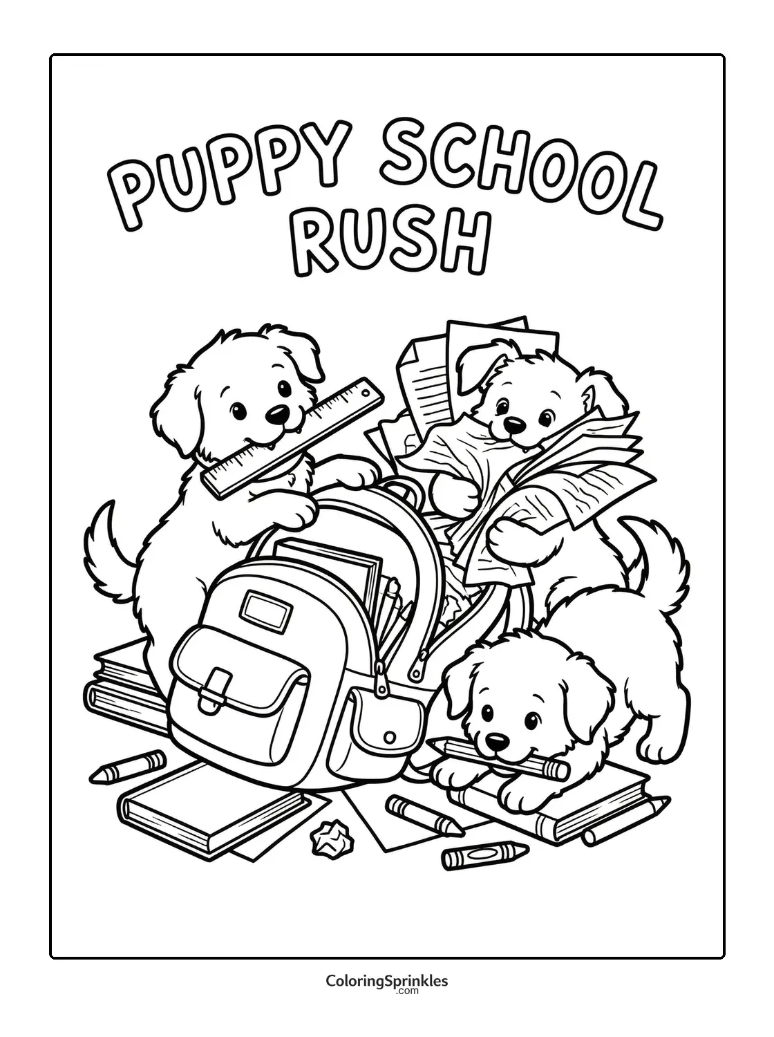 Coloring page of puppies in a school rush with backpack, books and crayons