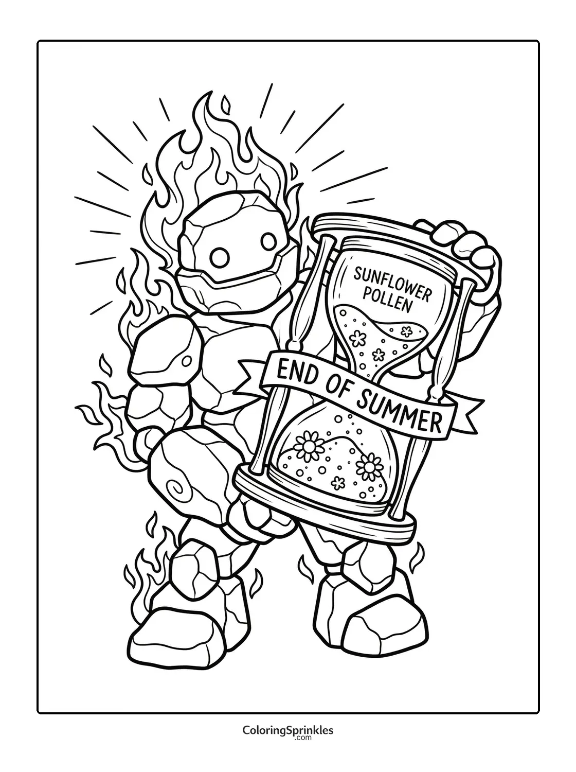Coloring page of a rock golem with flames holding an hourglass labeled end of summer