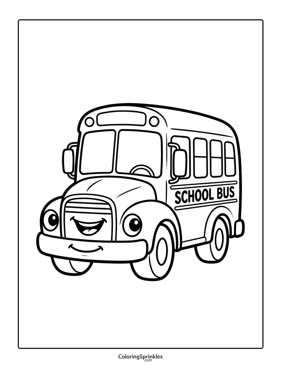 Coloring page of a smiling cartoon school bus