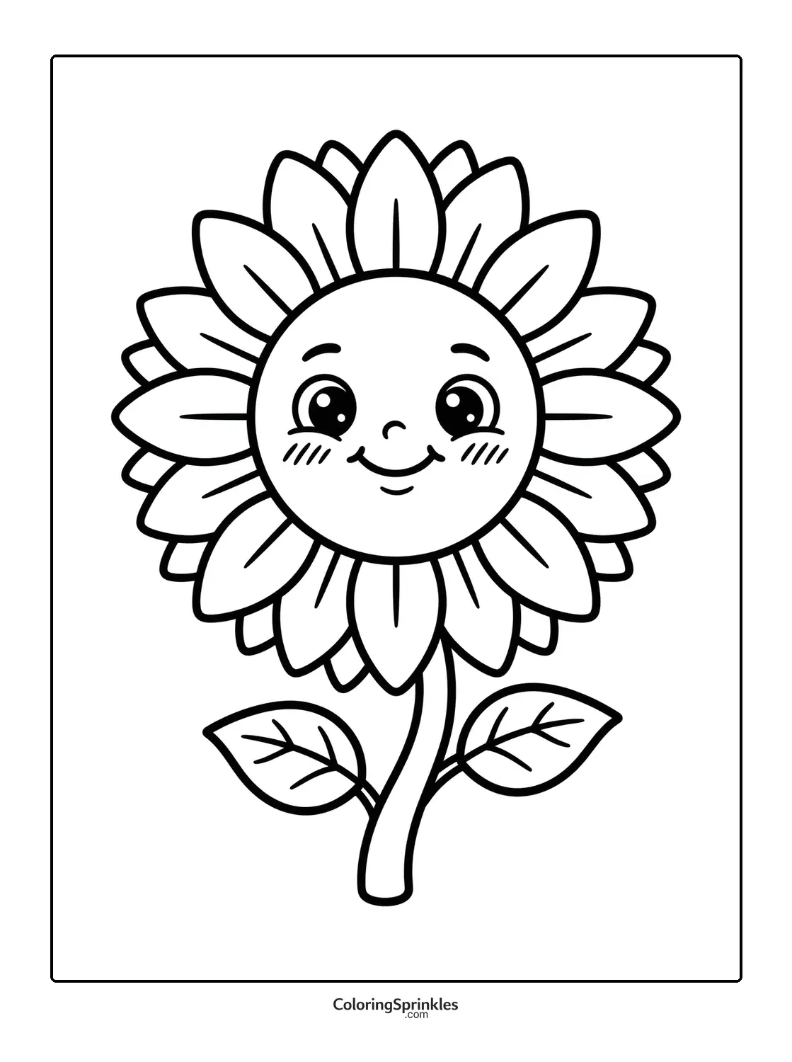 Coloring page of a smiling sunflower with a face and leaves on a stem