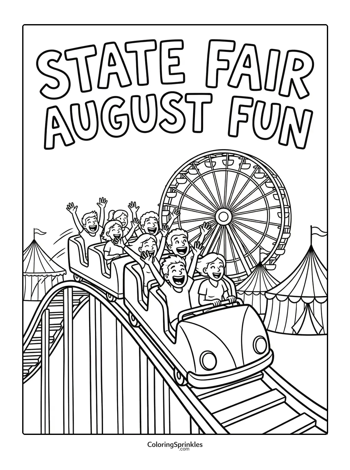 Coloring page of a roller coaster ride at a state fair with a Ferris wheel and tents