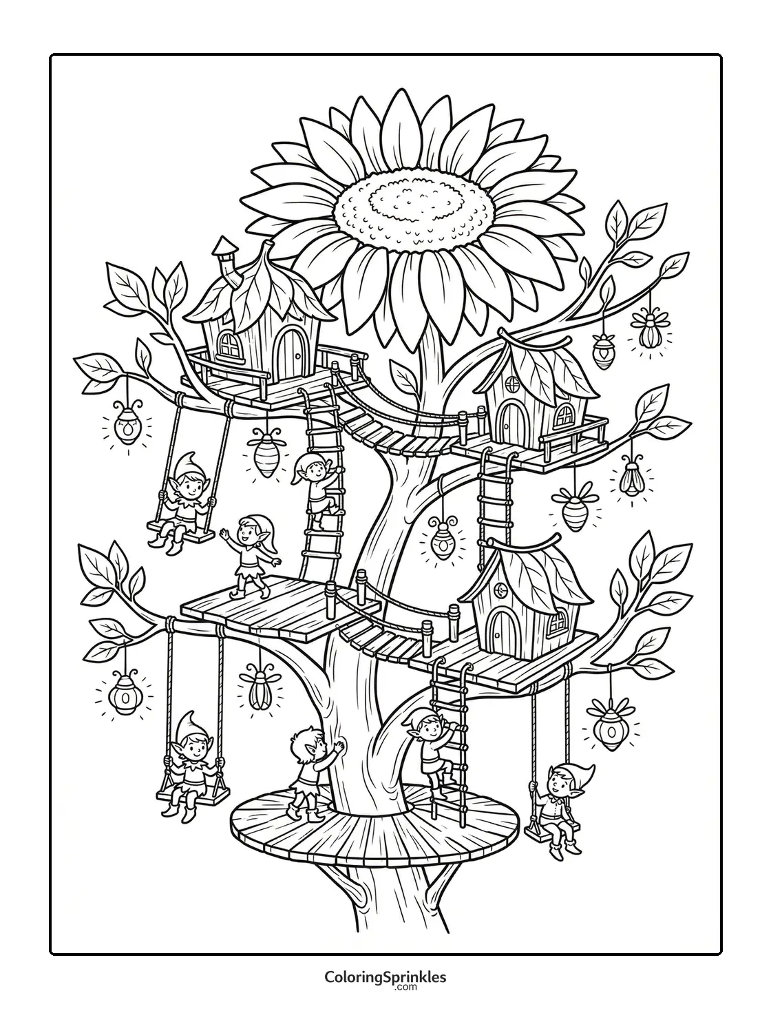 Coloring page of a treehouse with sunflower and elves playing on swings and ladders