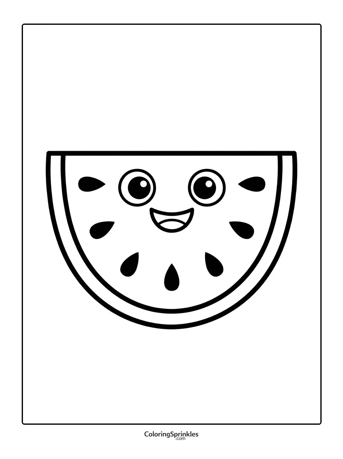 Coloring page of a smiling watermelon slice with seeds