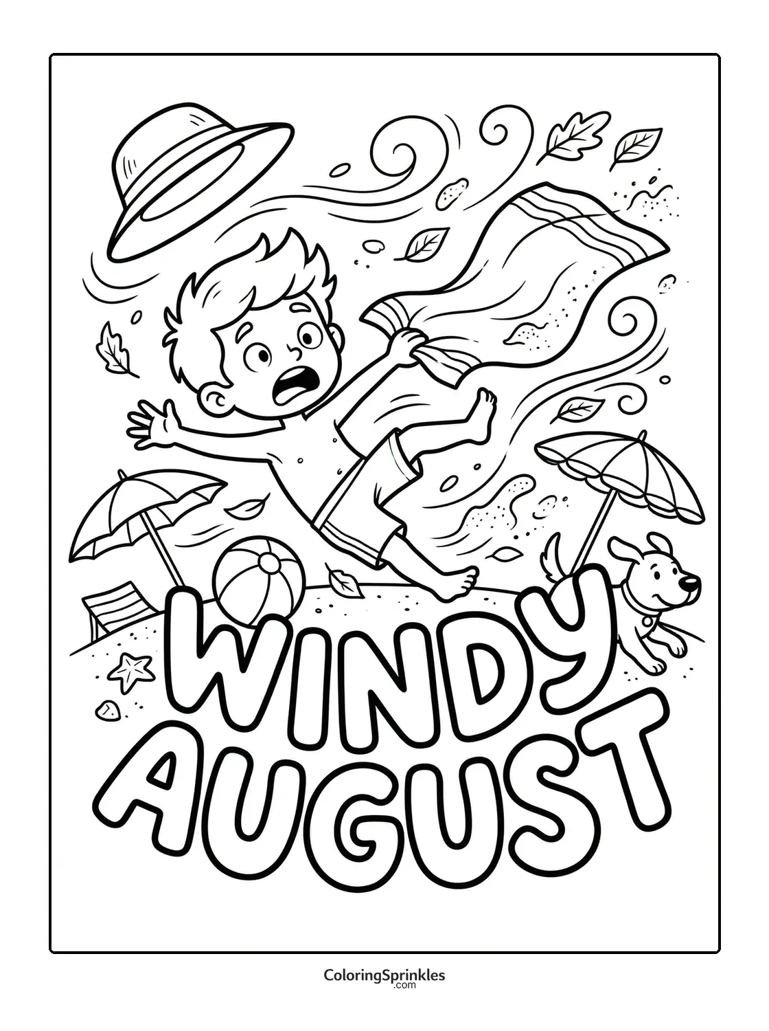 Coloring page of a boy and dog at a windy beach in August