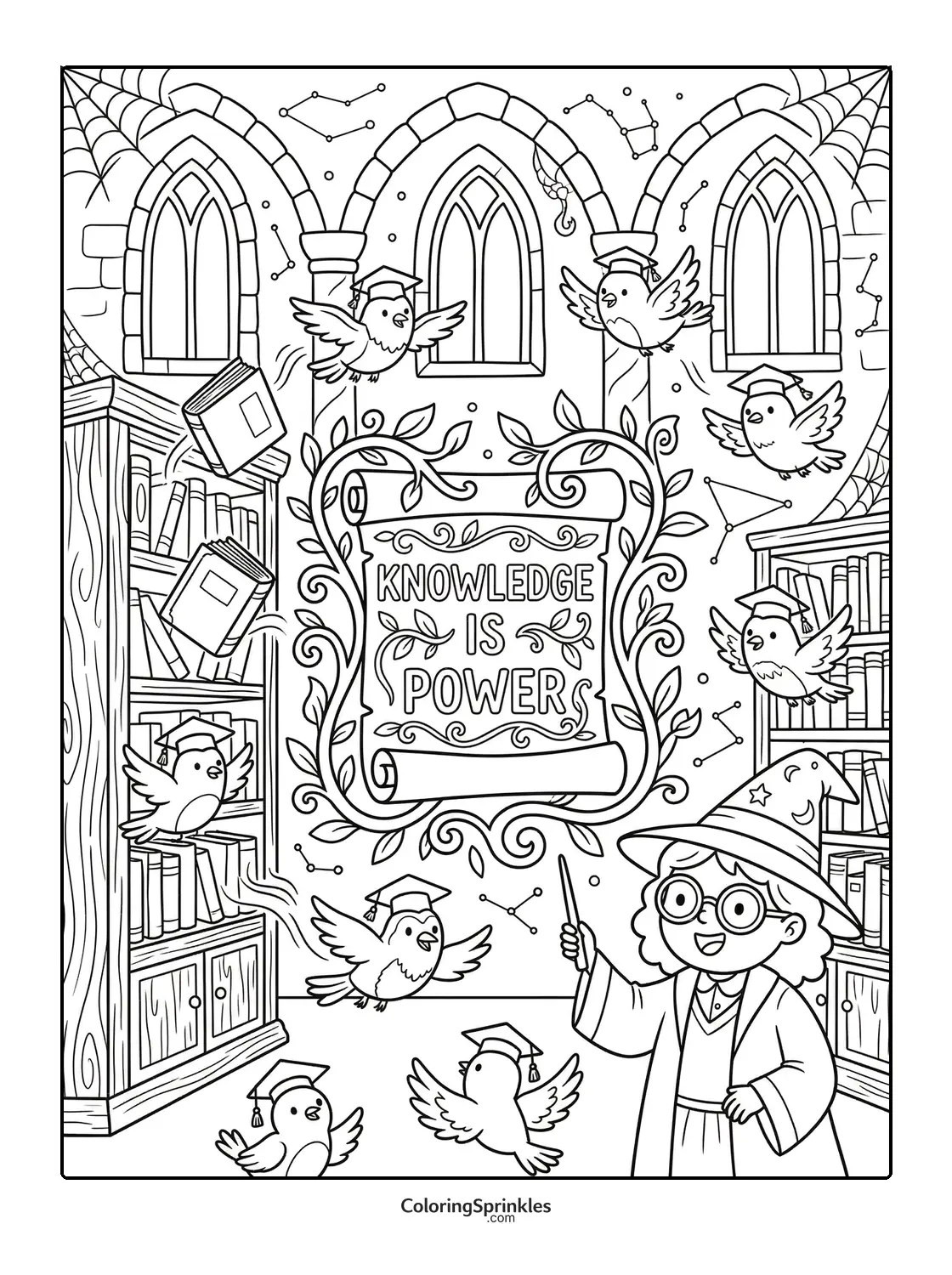 Coloring page of a wizard girl with birds wearing graduation caps in a magical library