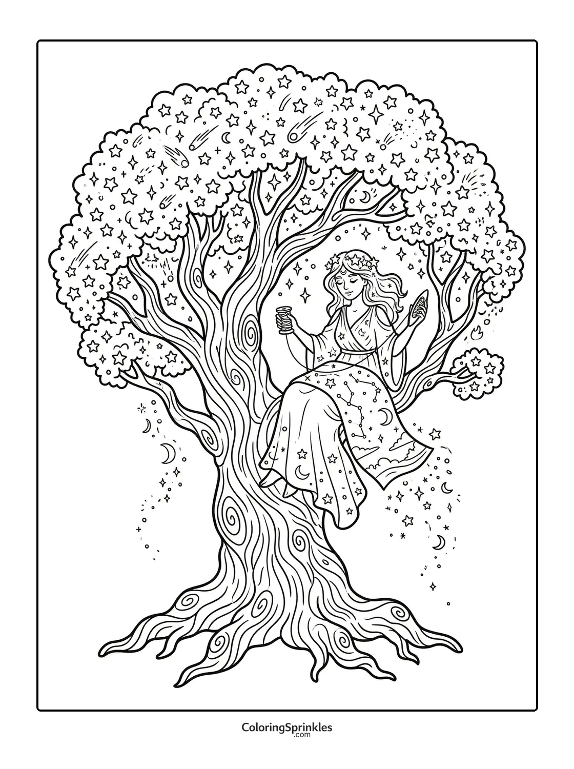 Coloring page of a woman threading stars while sitting in a tree at night