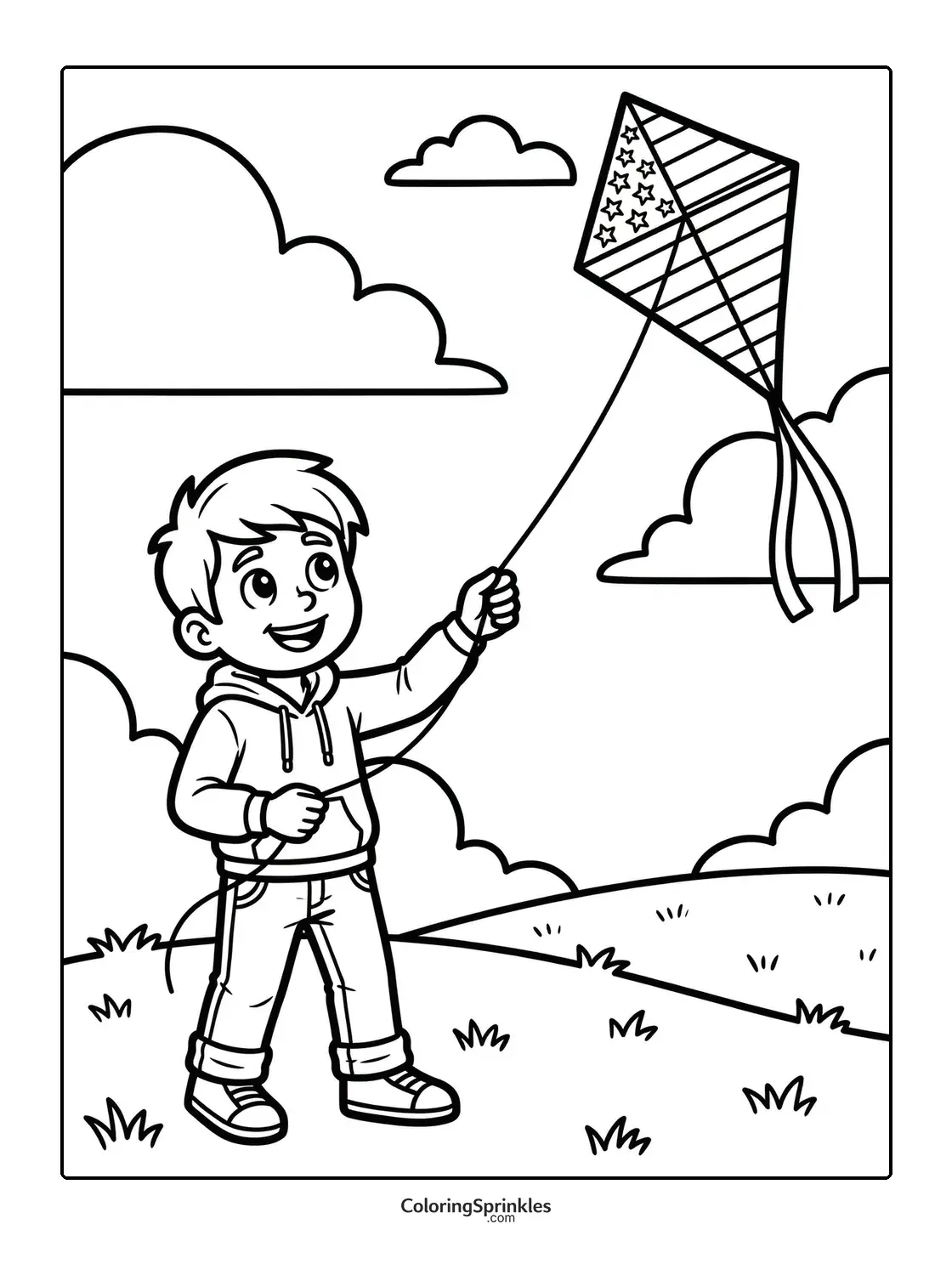 Coloring page of a boy flying a kite on grassy hills with clouds