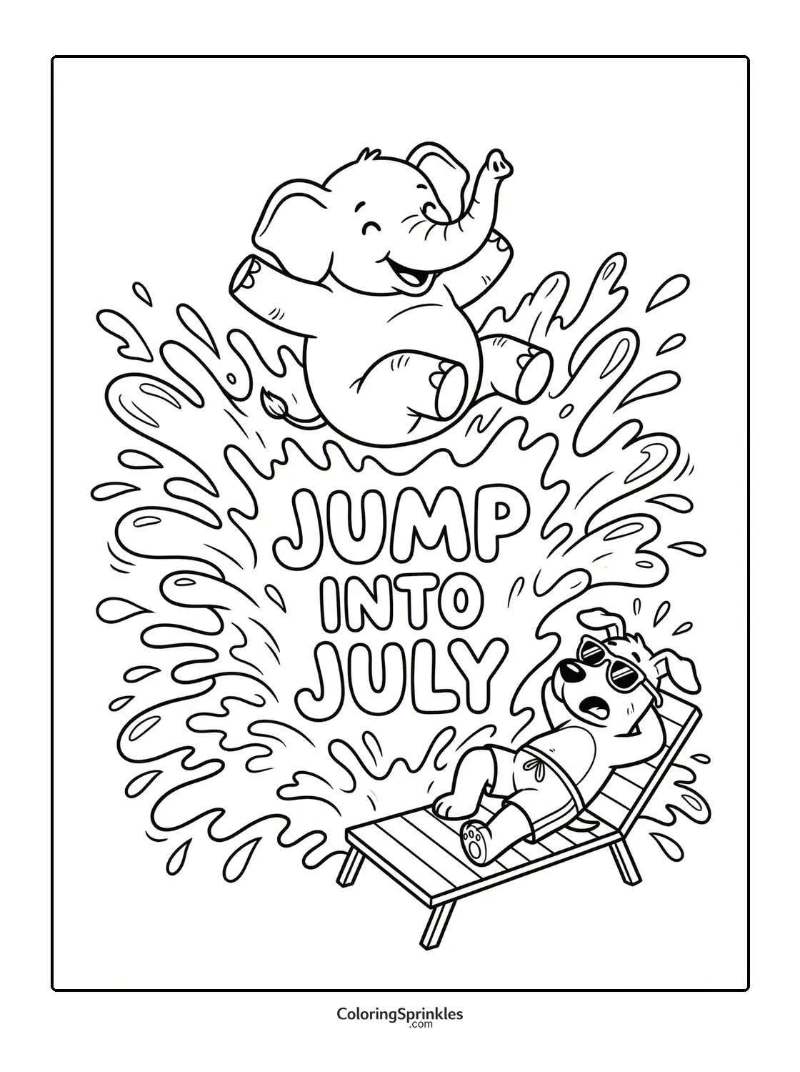 Coloring page of an elephant jumping into a pool near a dog sunbathing