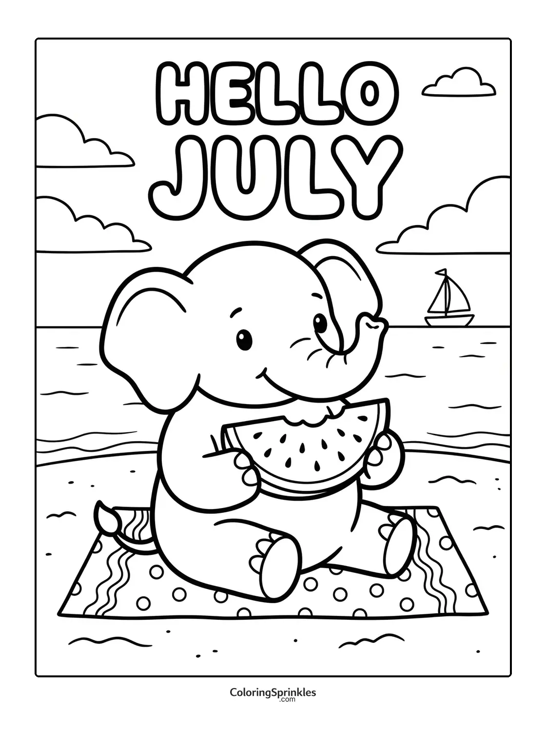 Coloring page of an elephant eating watermelon on a beach with Hello July text