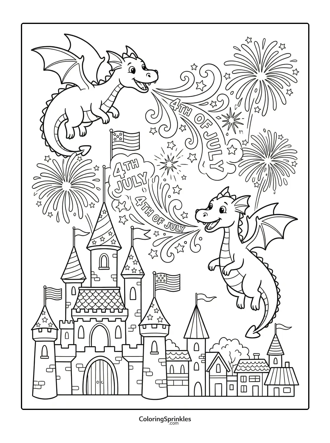 Coloring page of two dragons celebrating Fourth of July with fireworks over a castle