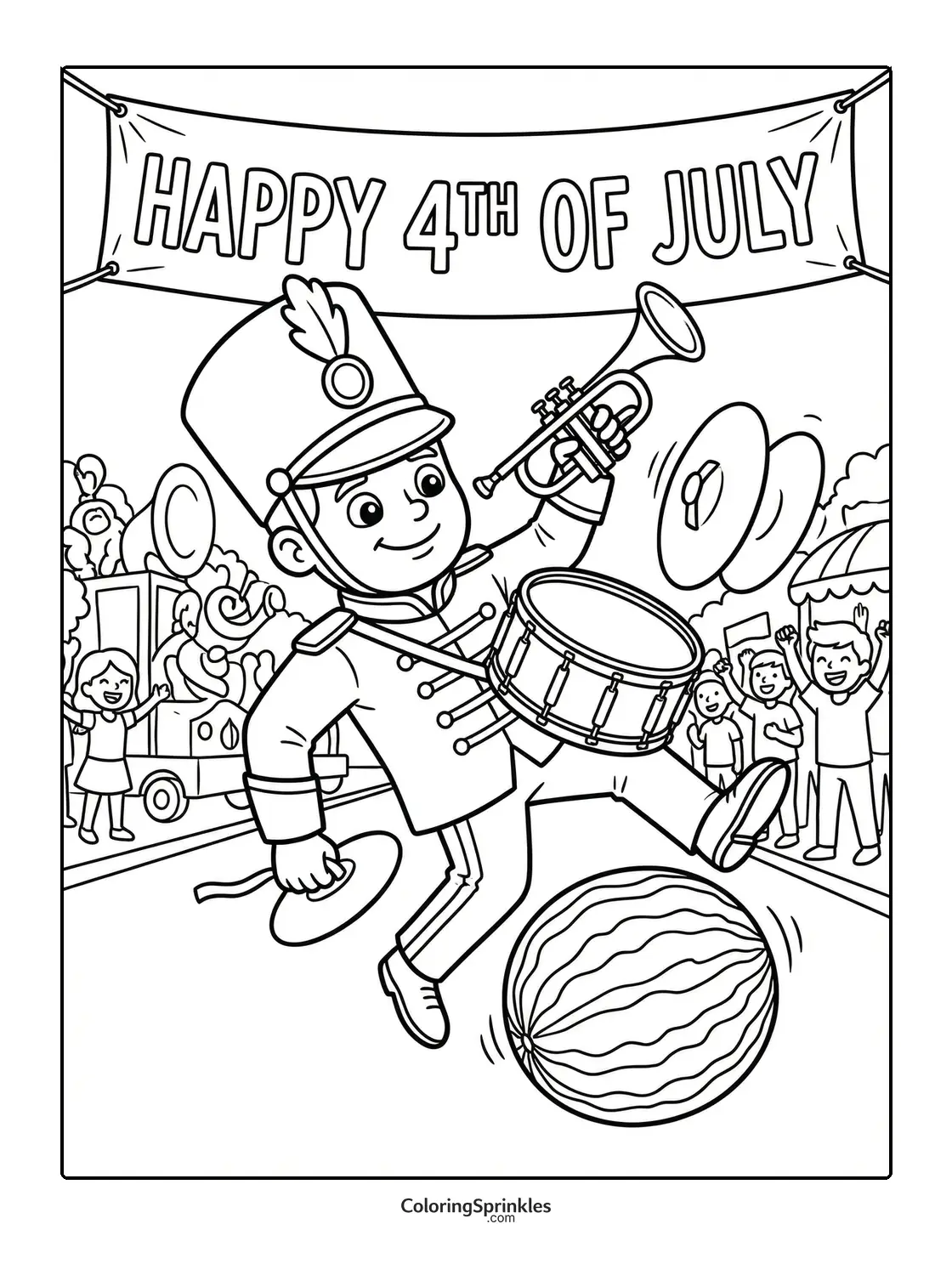 Coloring page of a marching band member kicking a watermelon in a Fourth of July parade