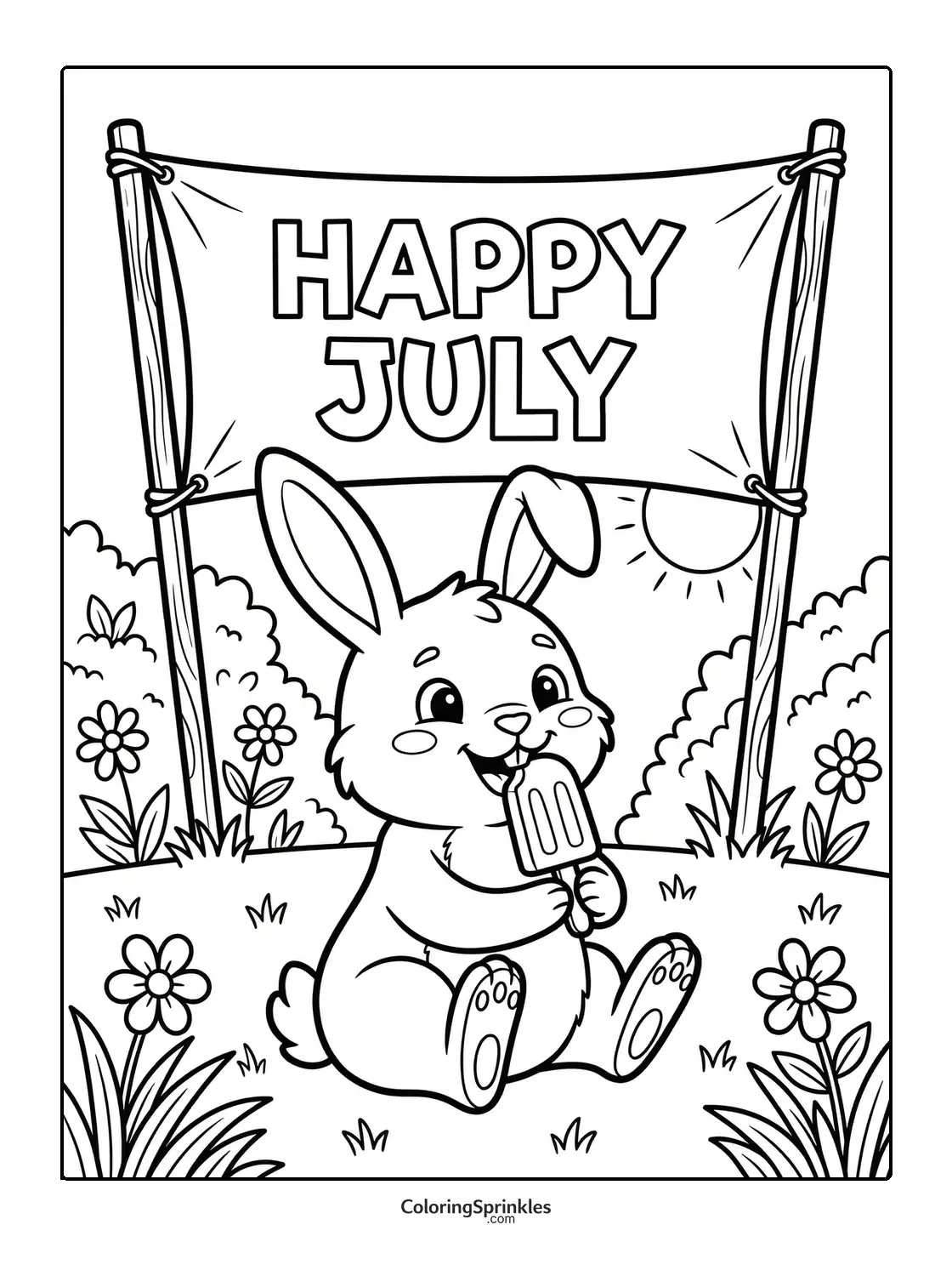 Coloring page of a happy bunny eating a popsicle in summer