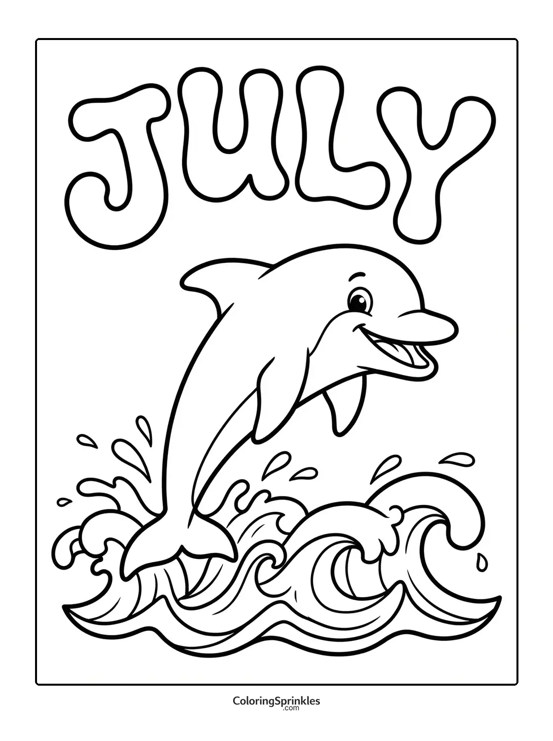 Coloring page of a dolphin jumping over waves with the word july