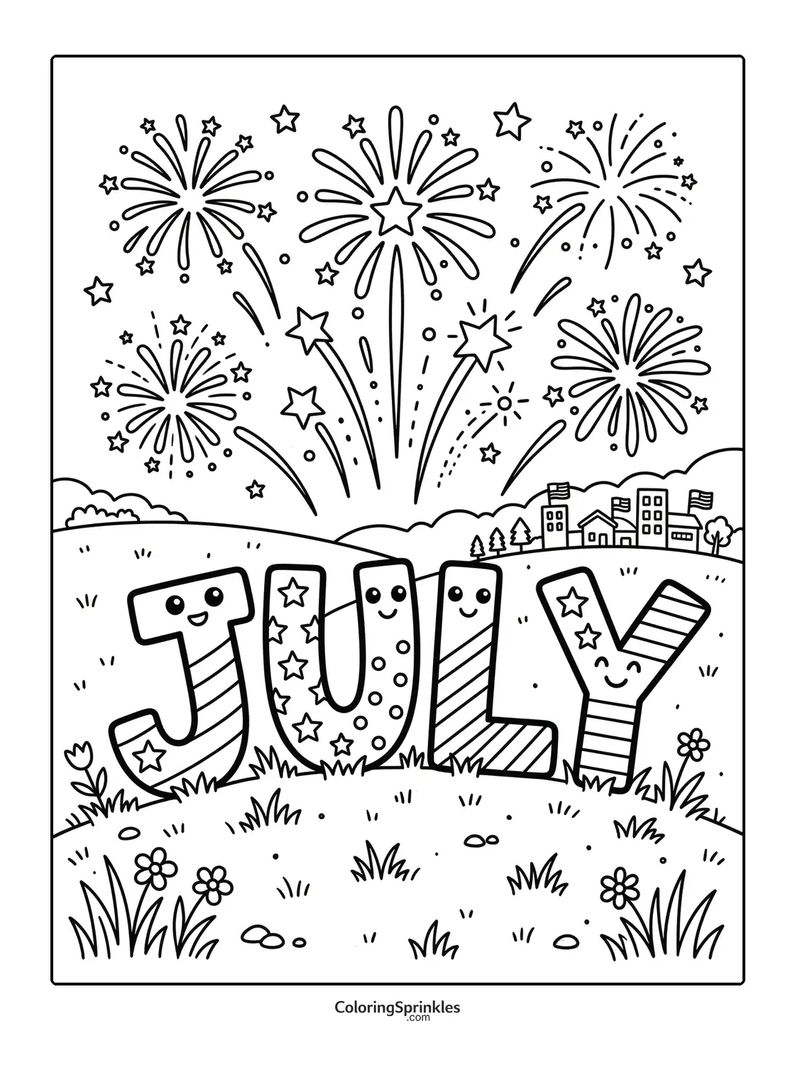 Coloring page of happy July letters on a hill with fireworks