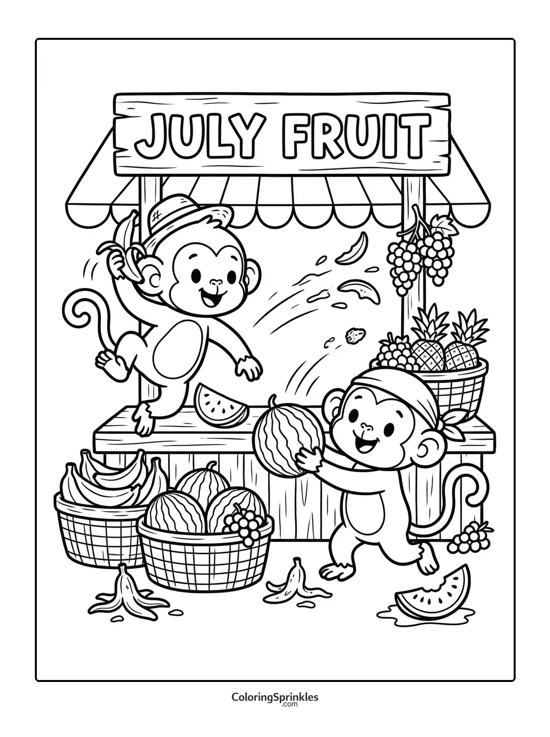 Coloring page of two monkeys playing with fruit at a July fruit stand
