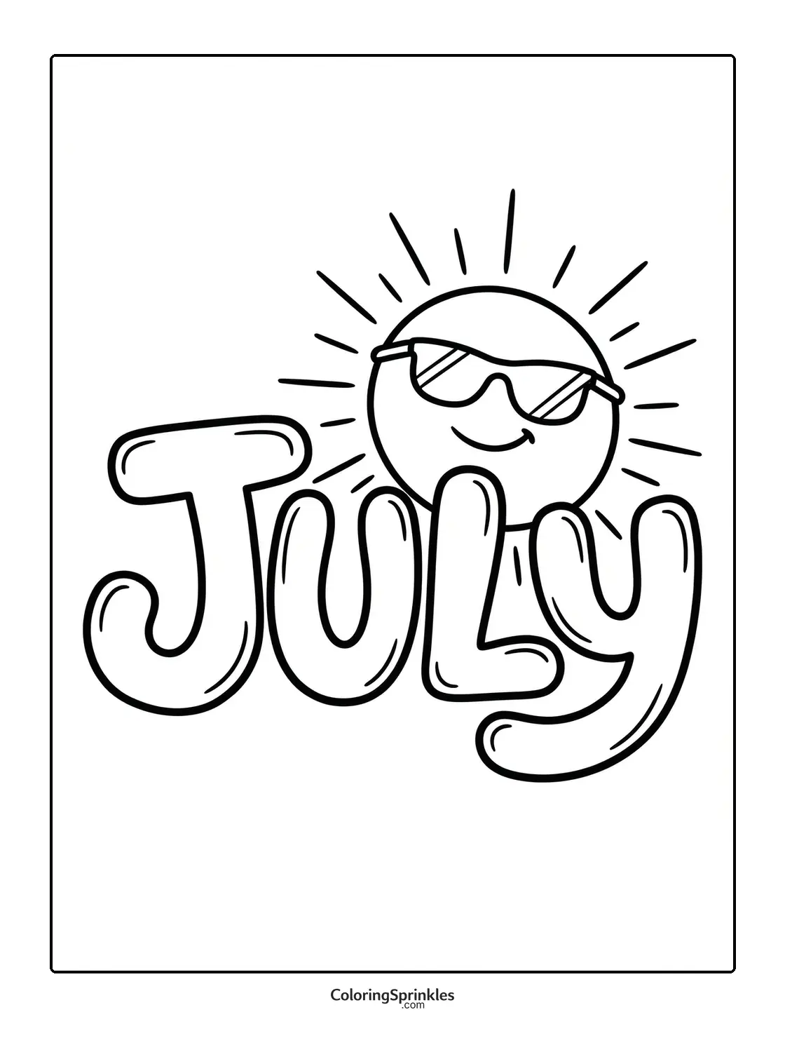 Coloring page of the word july with a sun wearing sunglasses