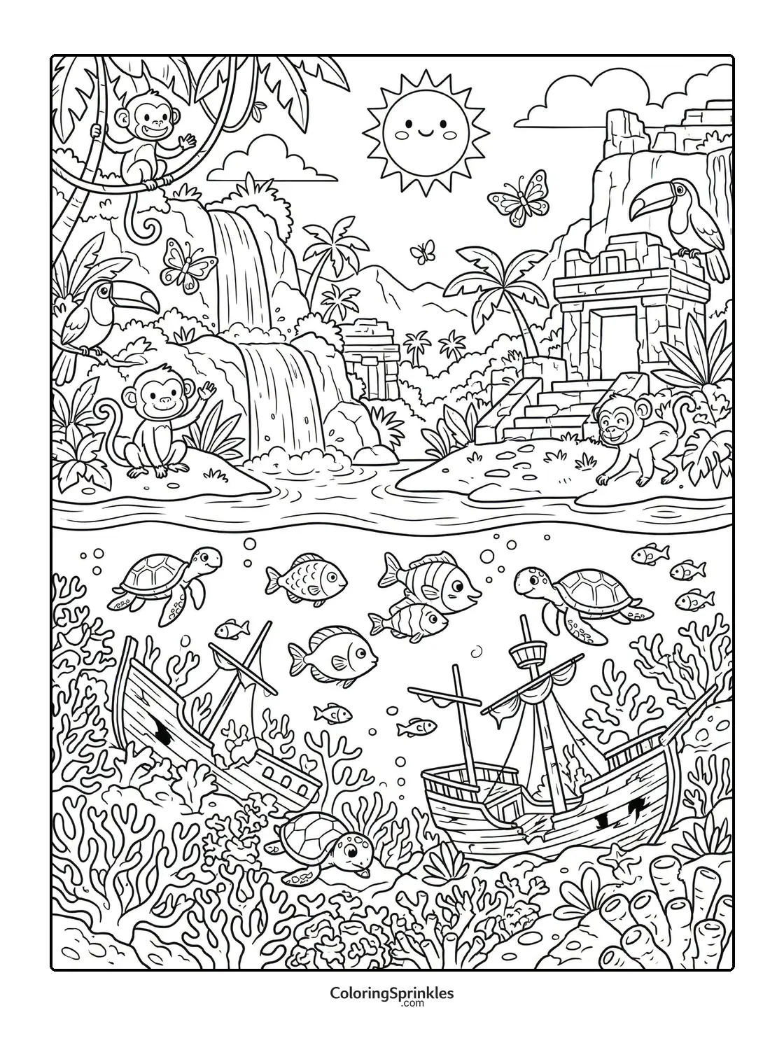 Coloring page of jungle monkeys near a waterfall and underwater shipwreck with sea turtles