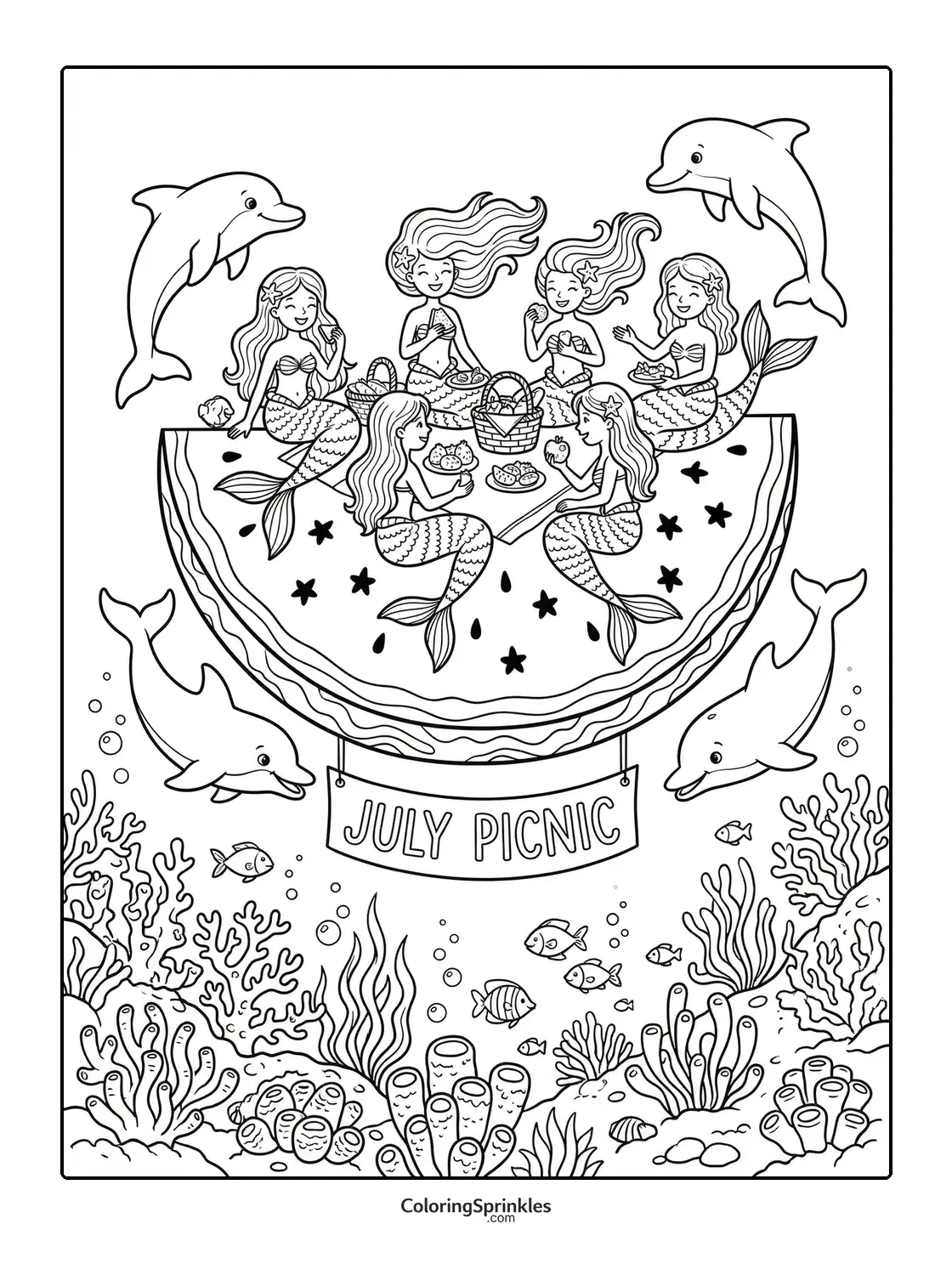 Coloring page of mermaids having a July picnic on a watermelon slice underwater with dolphins