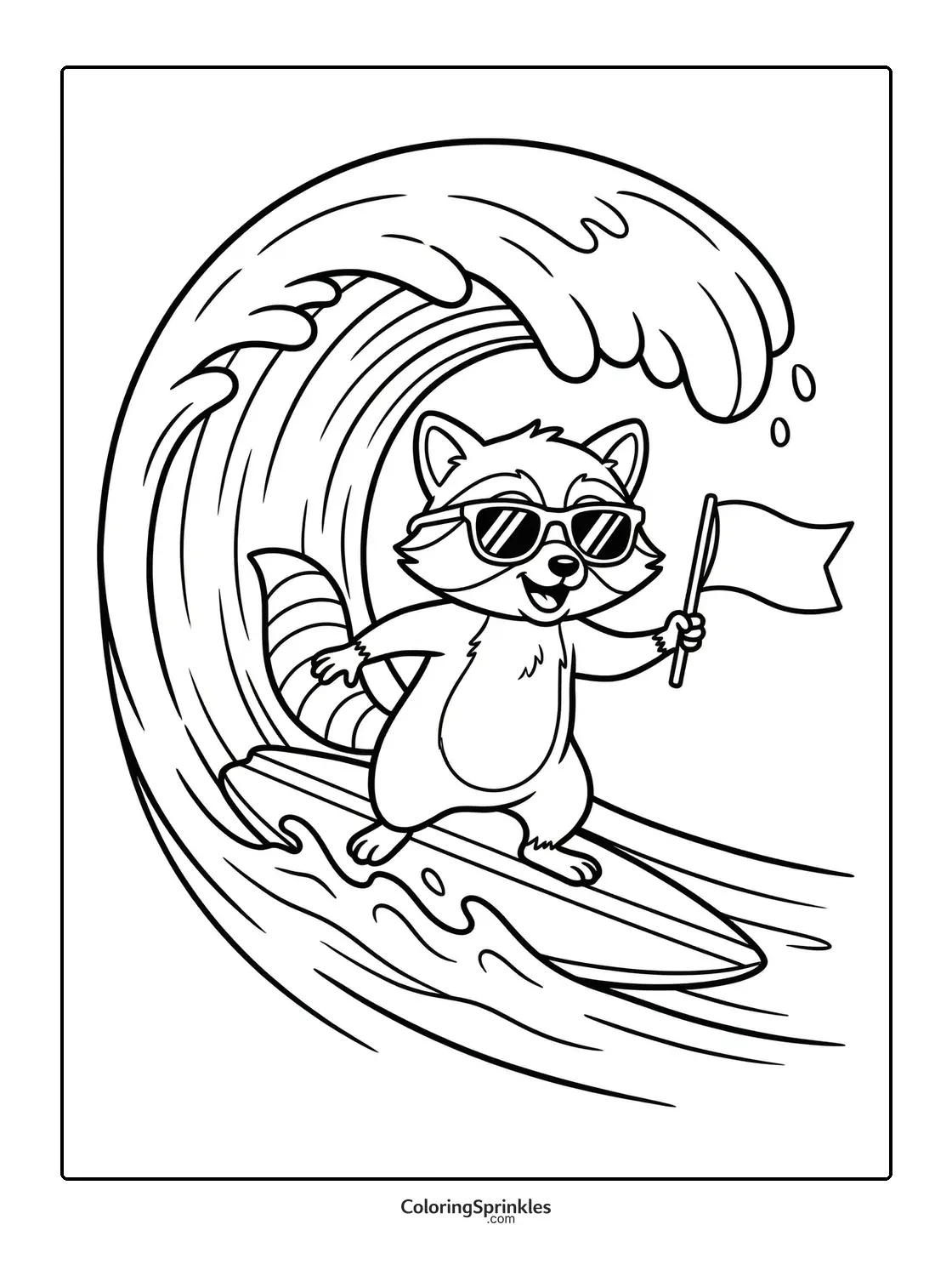 Coloring page of a raccoon surfing a wave with sunglasses and a flag
