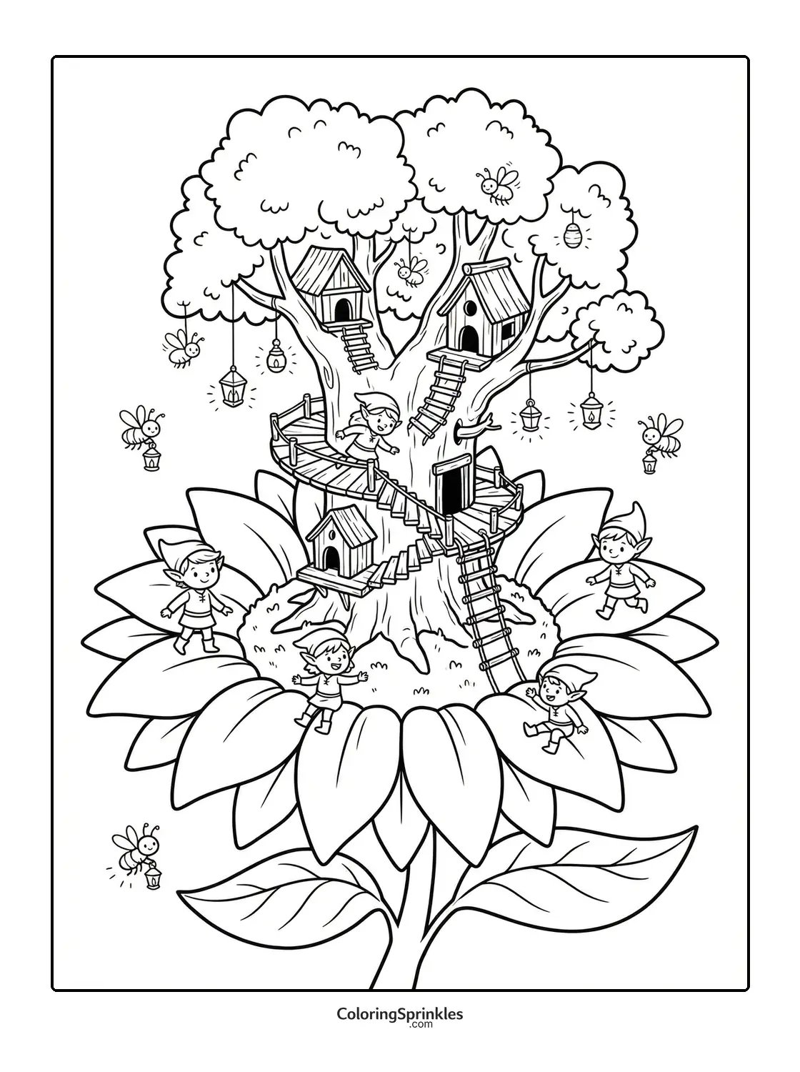 Coloring page of a sunflower with a treehouse, elves and bees with lanterns