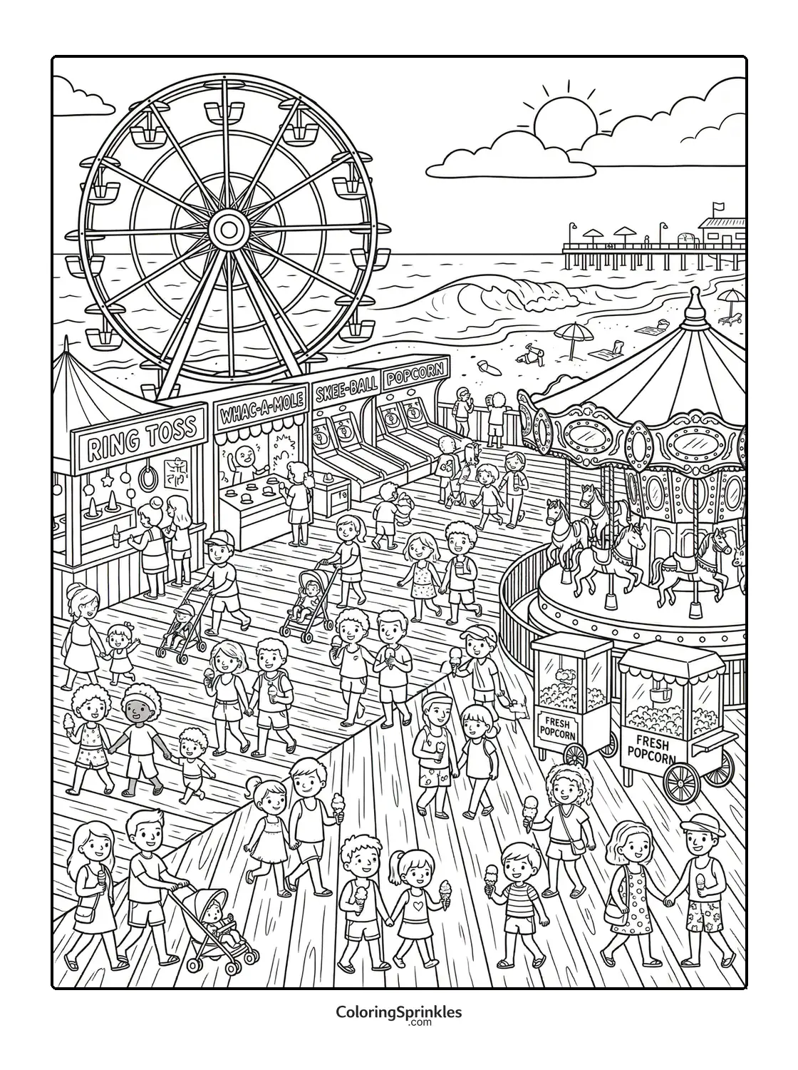 Coloring page of an amusement park pier with a ferris wheel, carousel, game booths, and children