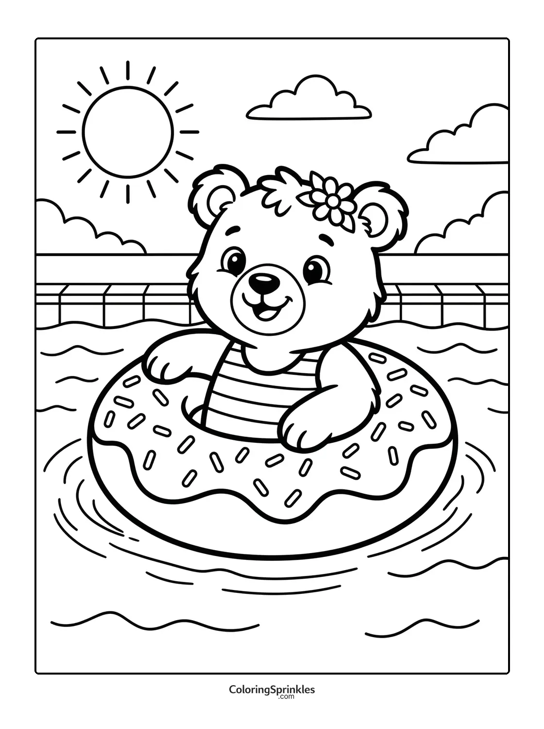 Coloring page of a bear swimming in a pool with a donut float