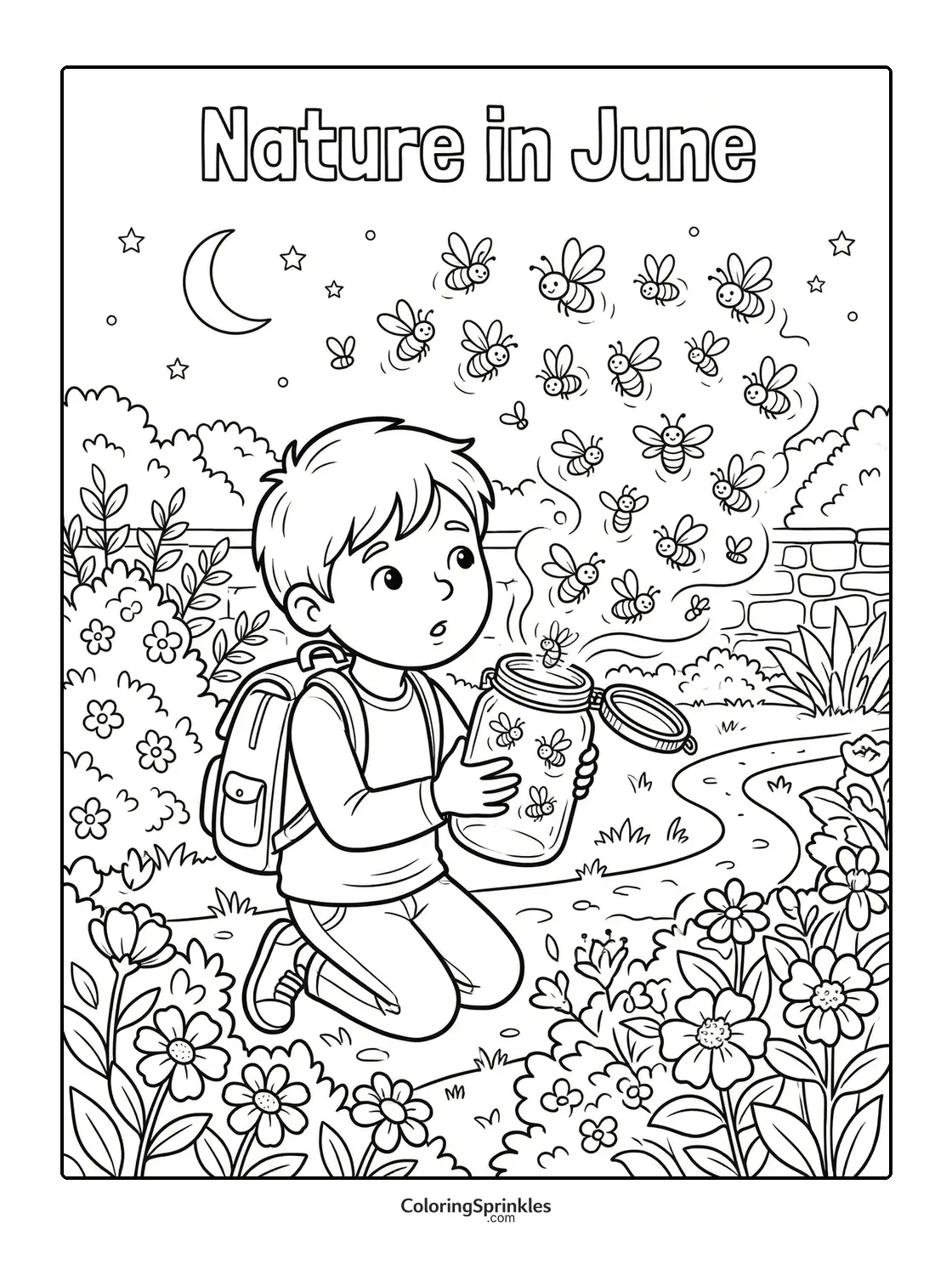 Coloring page of a boy catching bees in a garden in June
