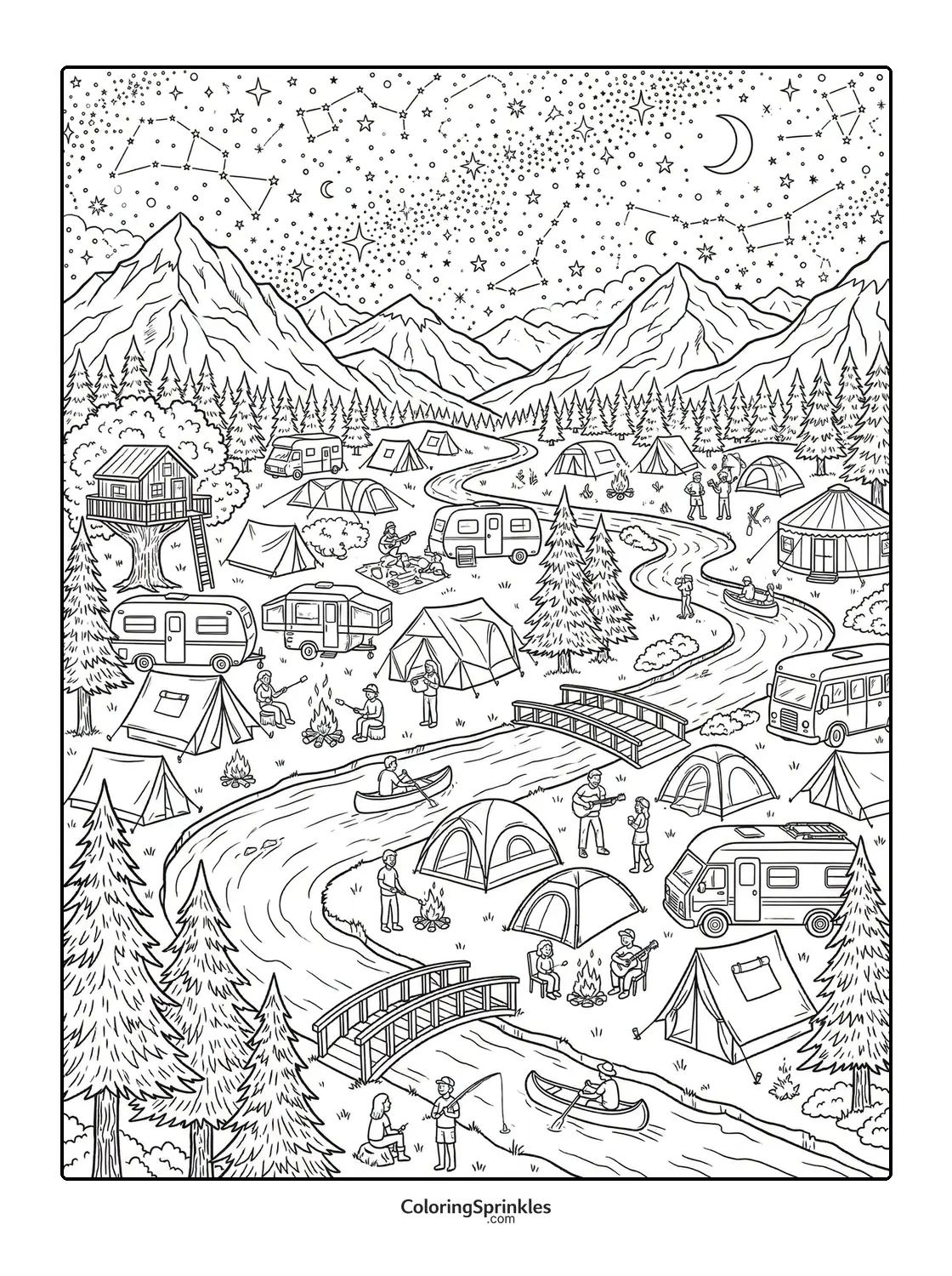 Coloring page of a camping scene with tents, canoes, and mountains