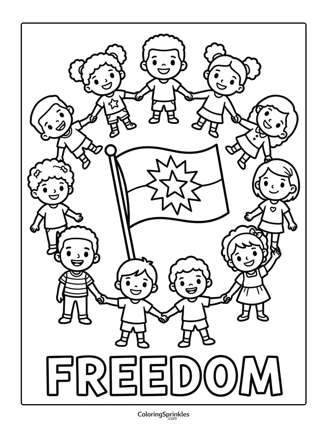 Coloring page of children holding hands around a flag with the word freedom