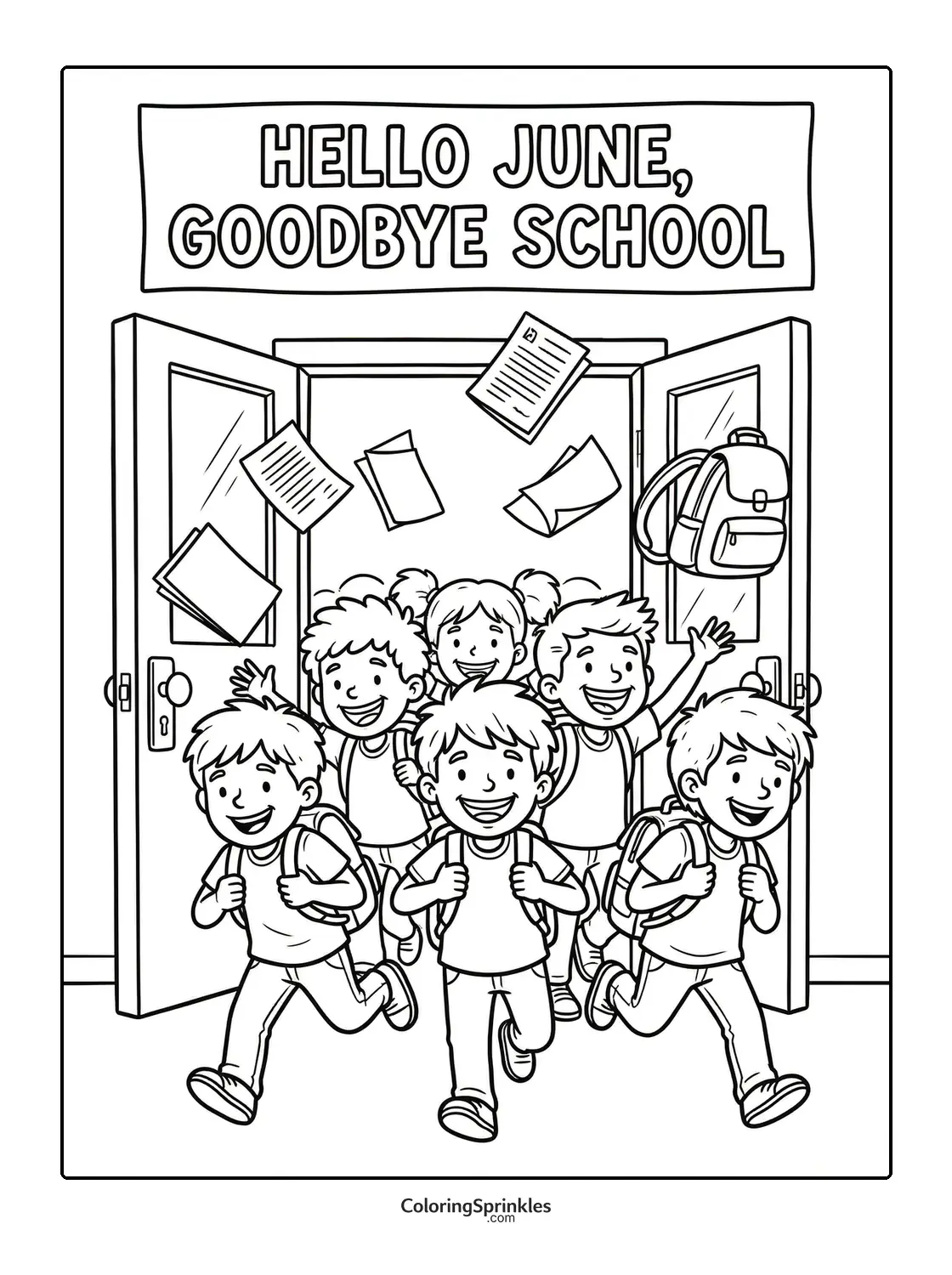 Coloring page of children happily leaving school with backpacks and flying papers