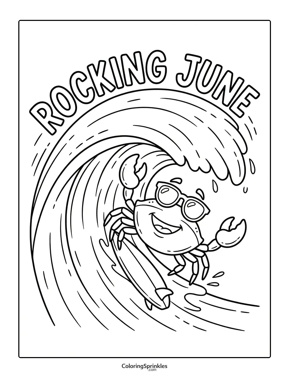 Coloring page of a crab surfing a wave with rocking june text