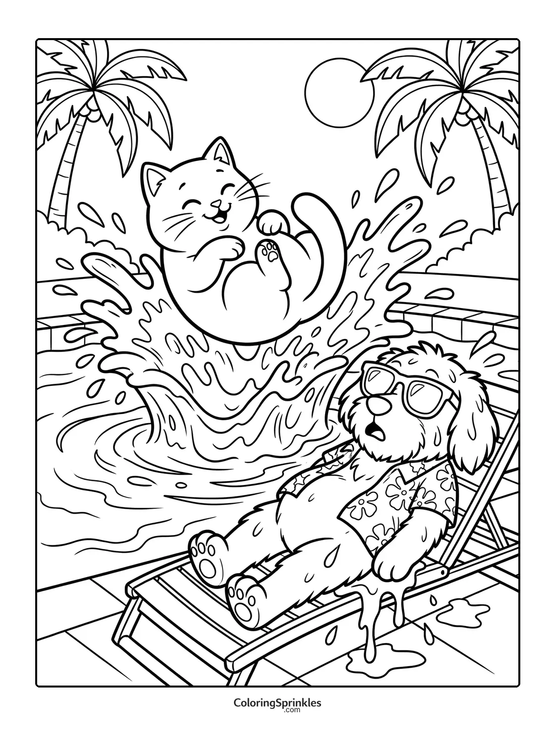 Coloring page of a dog lounging on a chair and a cat splashing into a pool