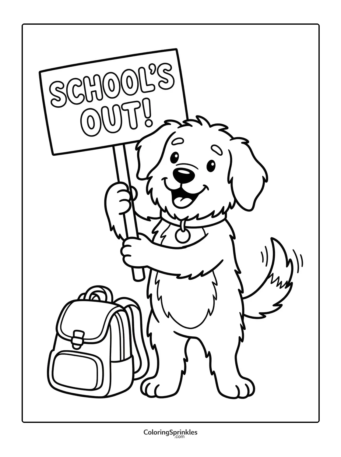 Coloring page of a happy dog holding a school’s out sign with a backpack