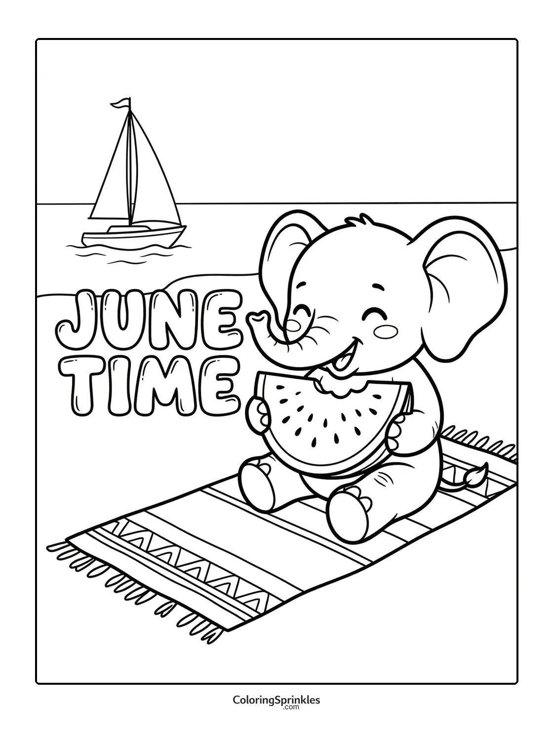 Coloring page of a happy elephant eating watermelon on a beach with a sailboat