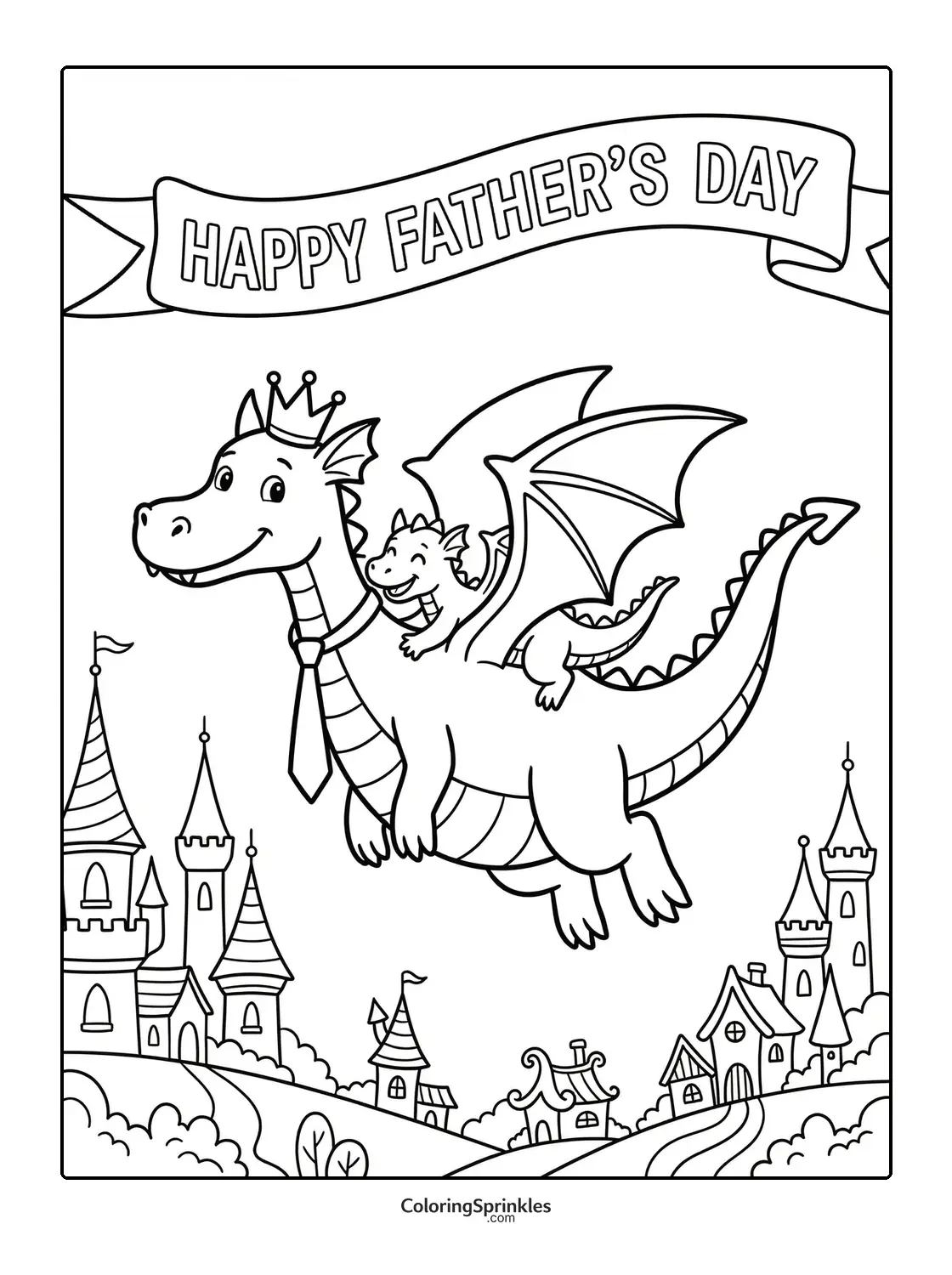 Coloring page of two dragons flying over a castle with a Happy Father's Day banner