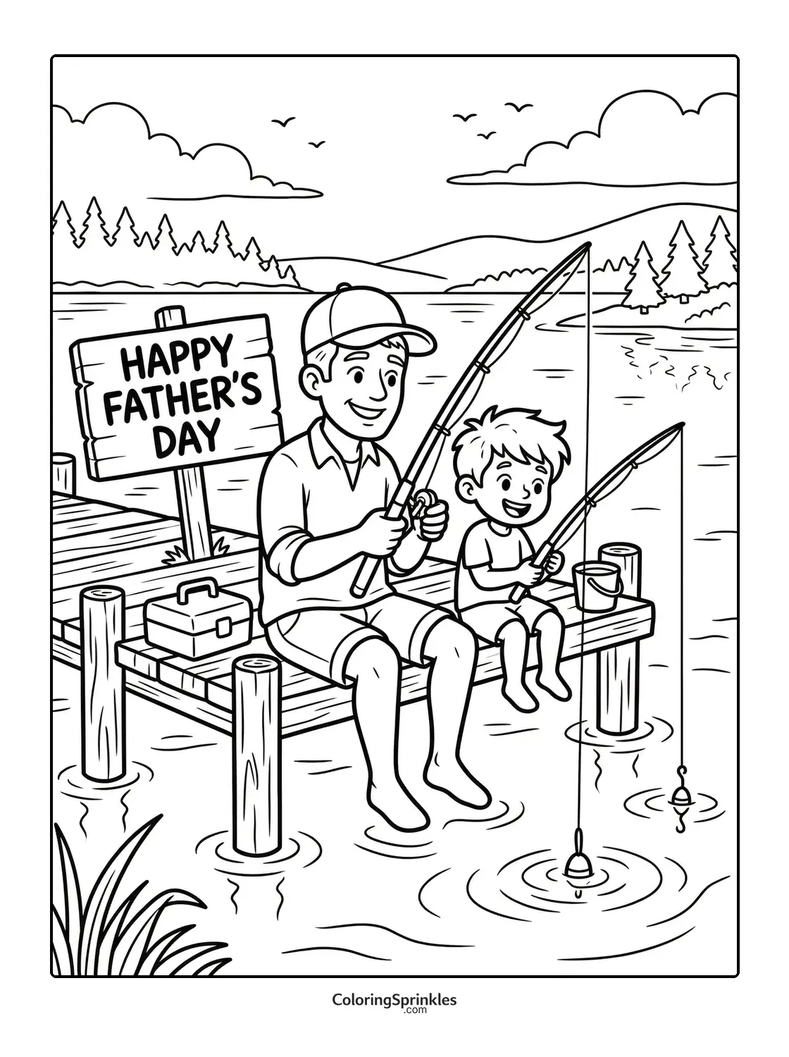 Coloring page of a father and son fishing on a dock by a lake for Father's Day