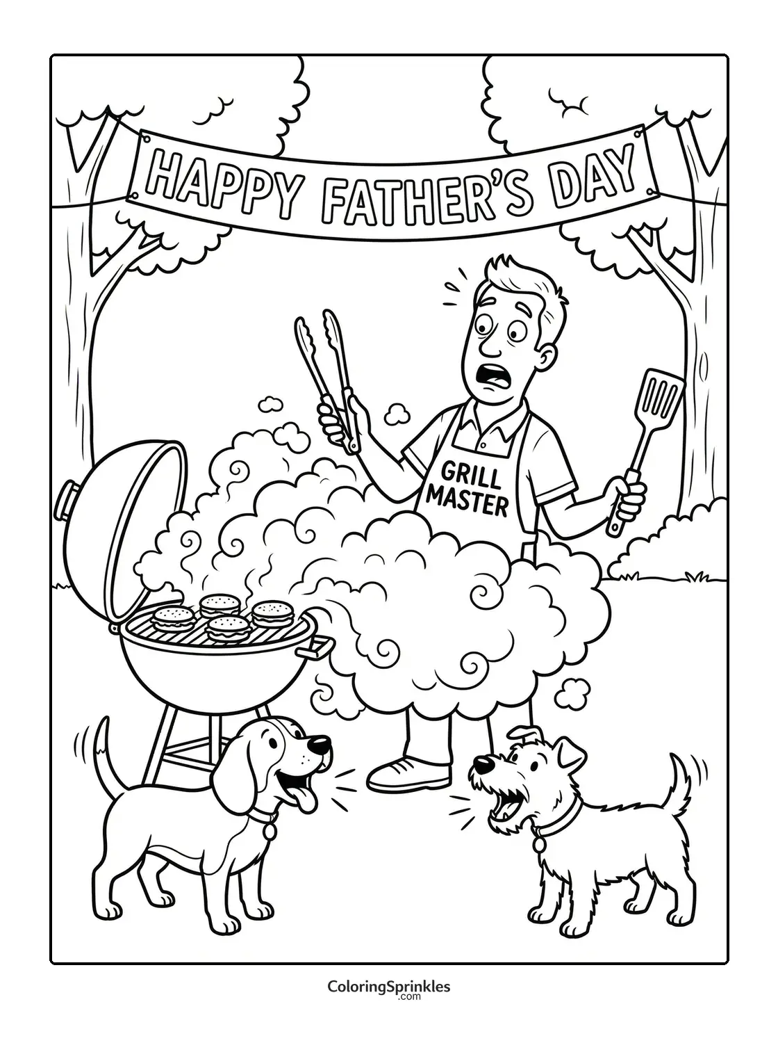 Coloring page of a grill master cooking burgers at a Father's Day barbecue with dogs