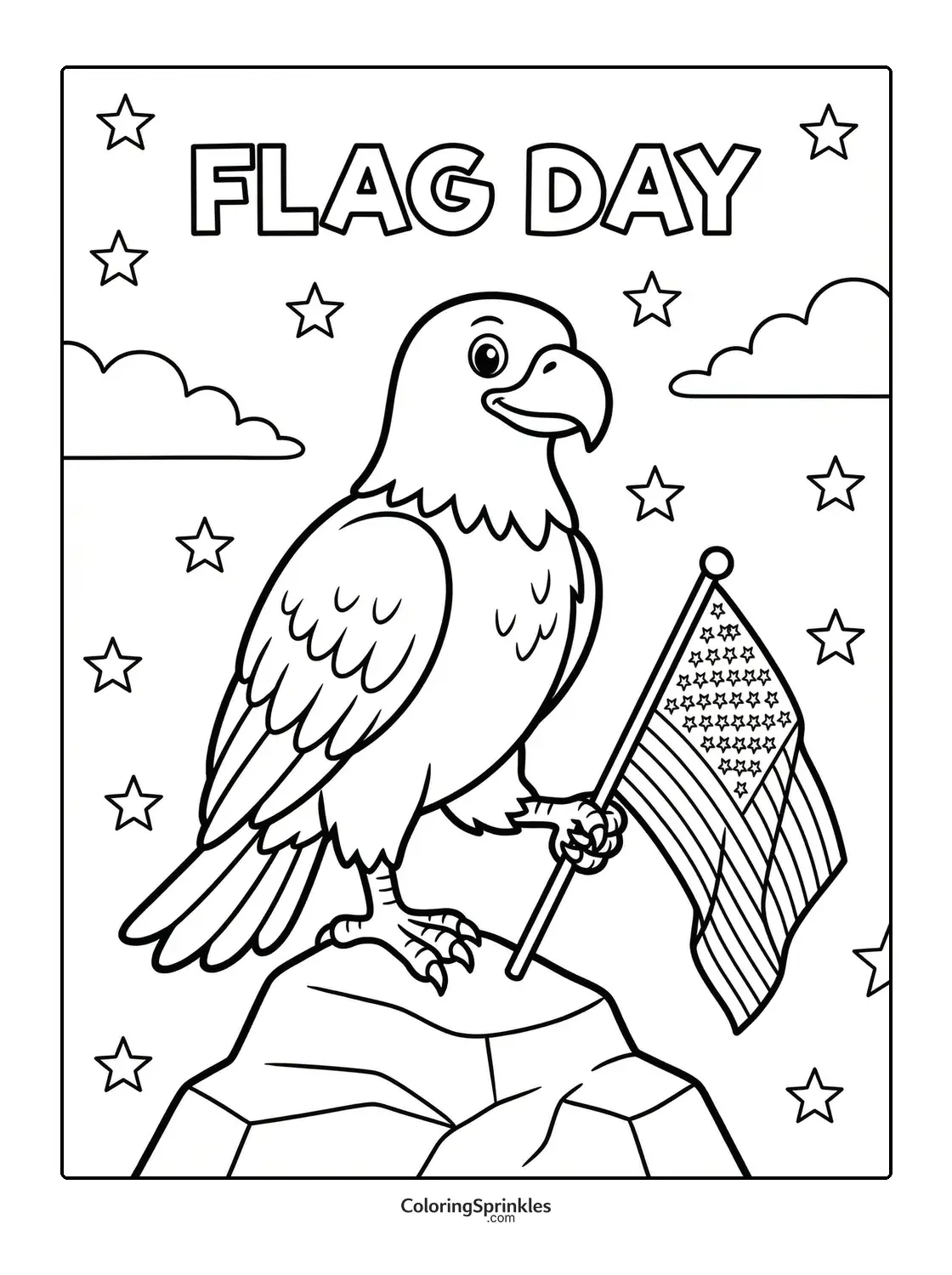 Coloring page of an eagle holding an American flag on a rock with stars
