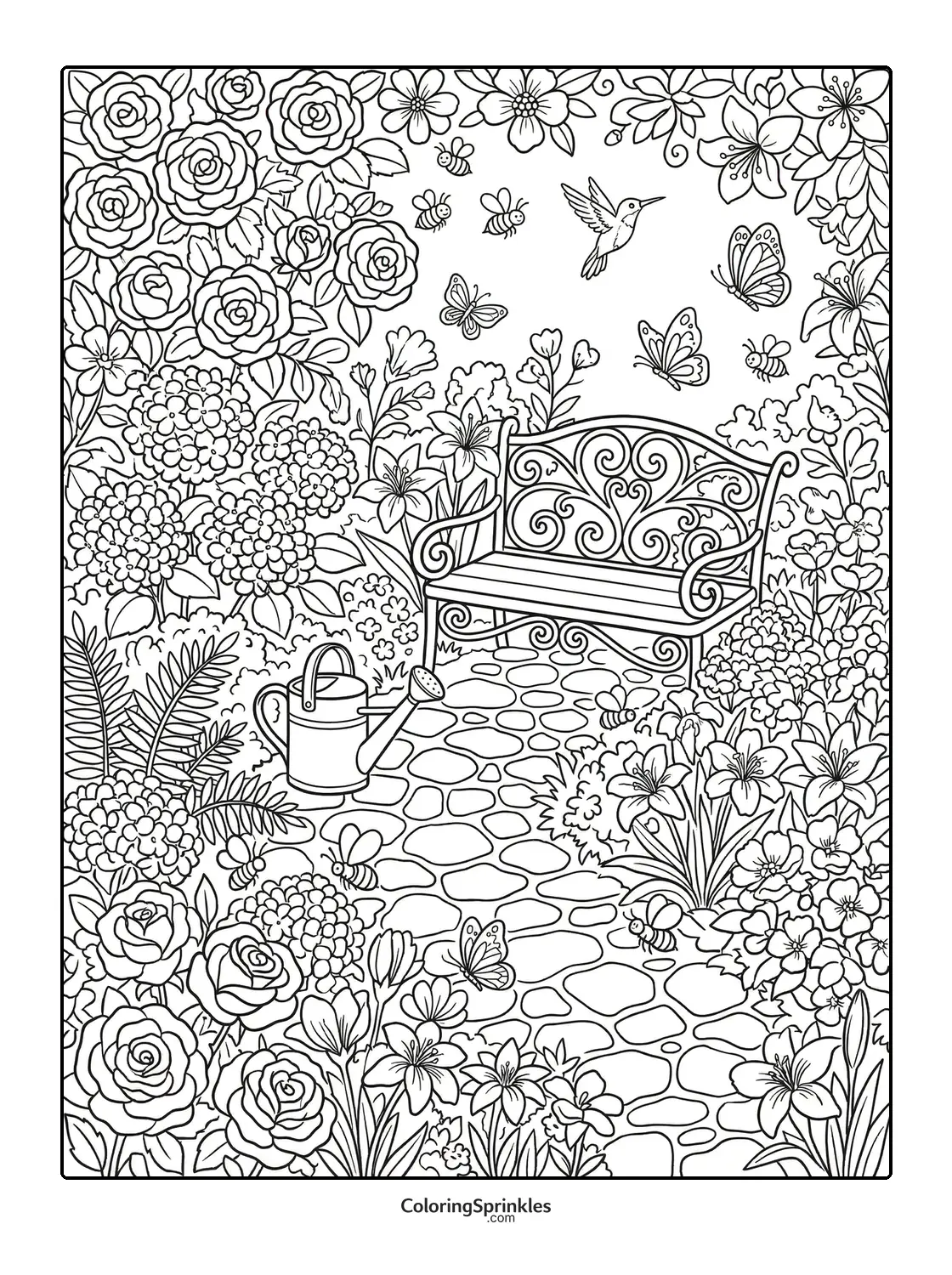 Coloring page of a garden bench surrounded by flowers with bees and butterflies