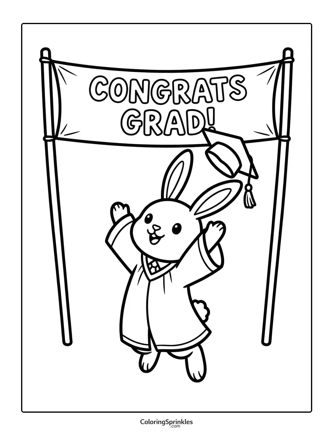 Coloring page of a bunny in graduation gown jumping under a congrats grad banner