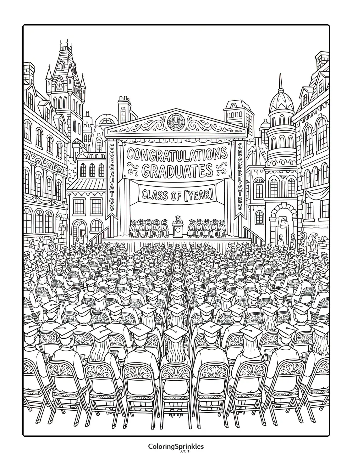 Coloring page of a graduation ceremony with graduates in caps and gowns seated outdoors