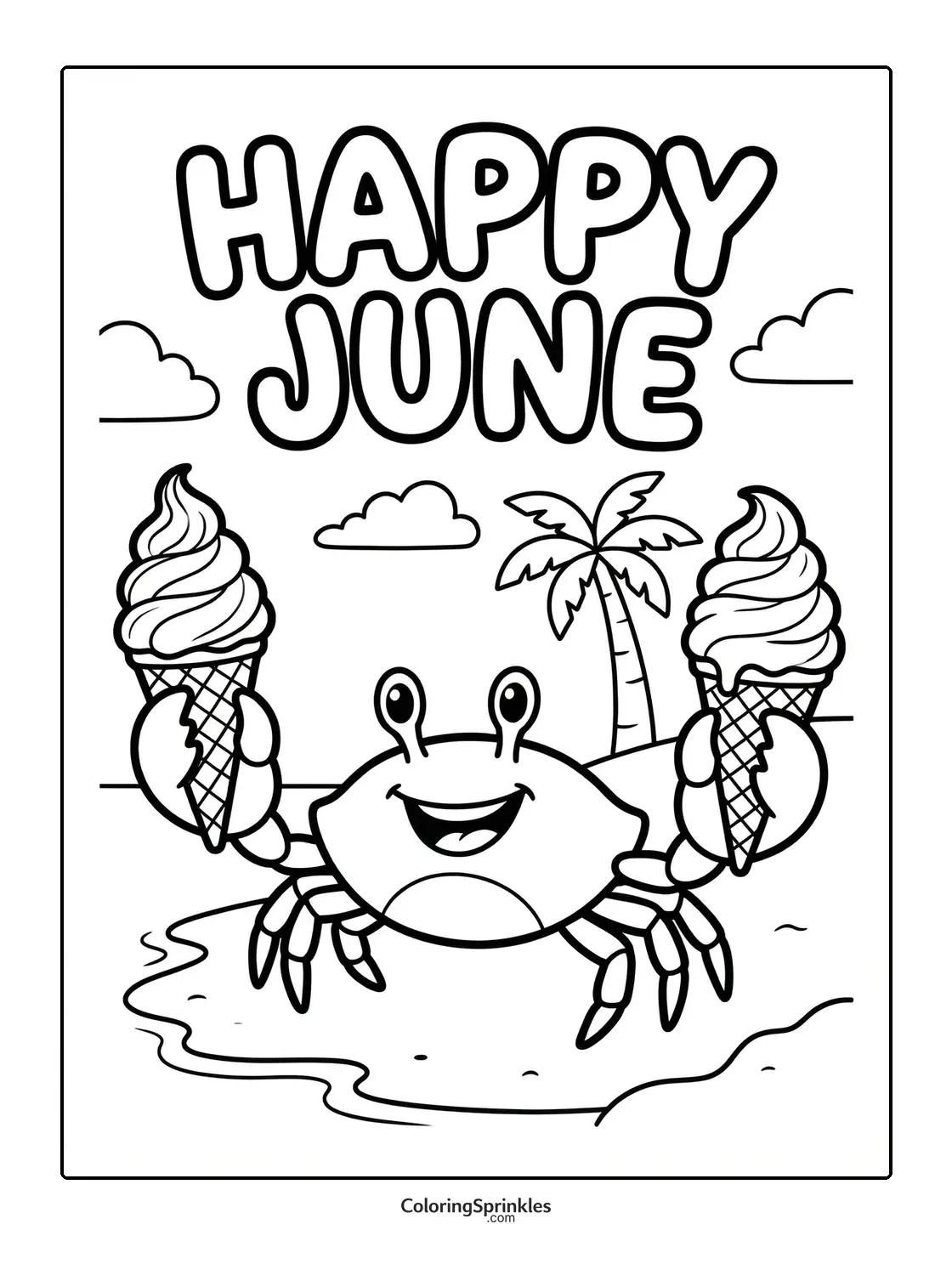 Coloring page of a happy crab holding ice cream cones on a beach with a palm tree