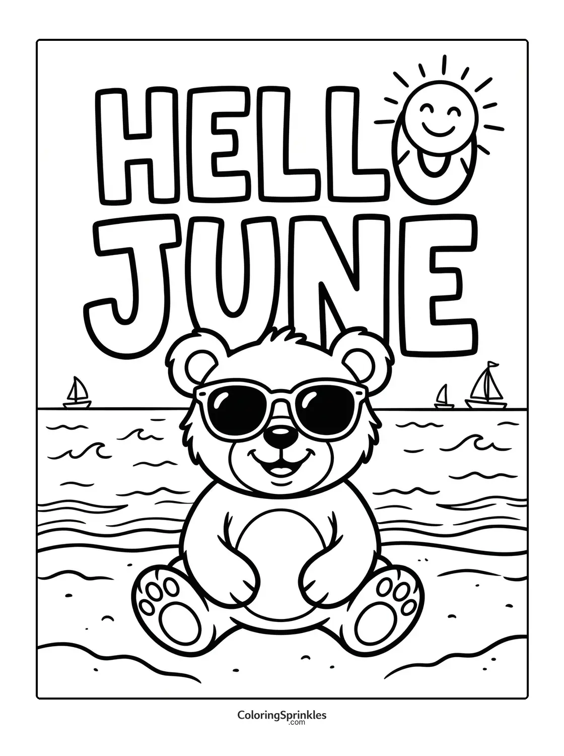 Coloring page of a bear wearing sunglasses on a beach with sailboats and Hello June text