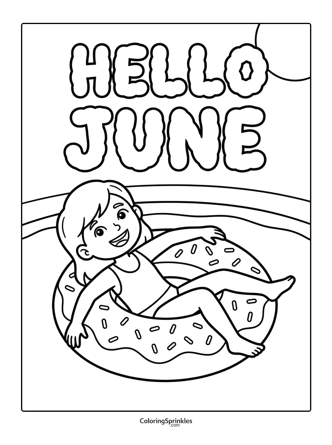 Coloring page of a girl in a pool on a donut float with hello june text