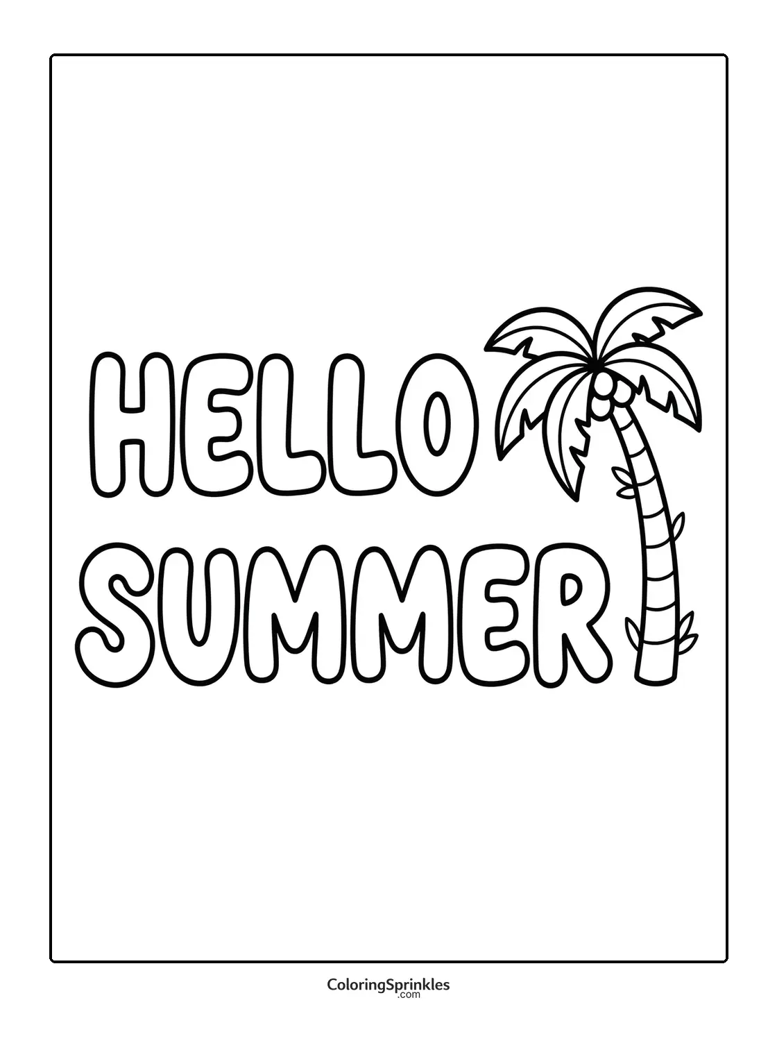 Coloring page of hello summer text with a palm tree