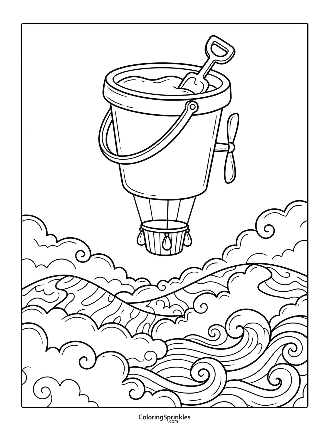 Coloring page of a hot air balloon shaped like a sand bucket with a shovel flying over clouds
