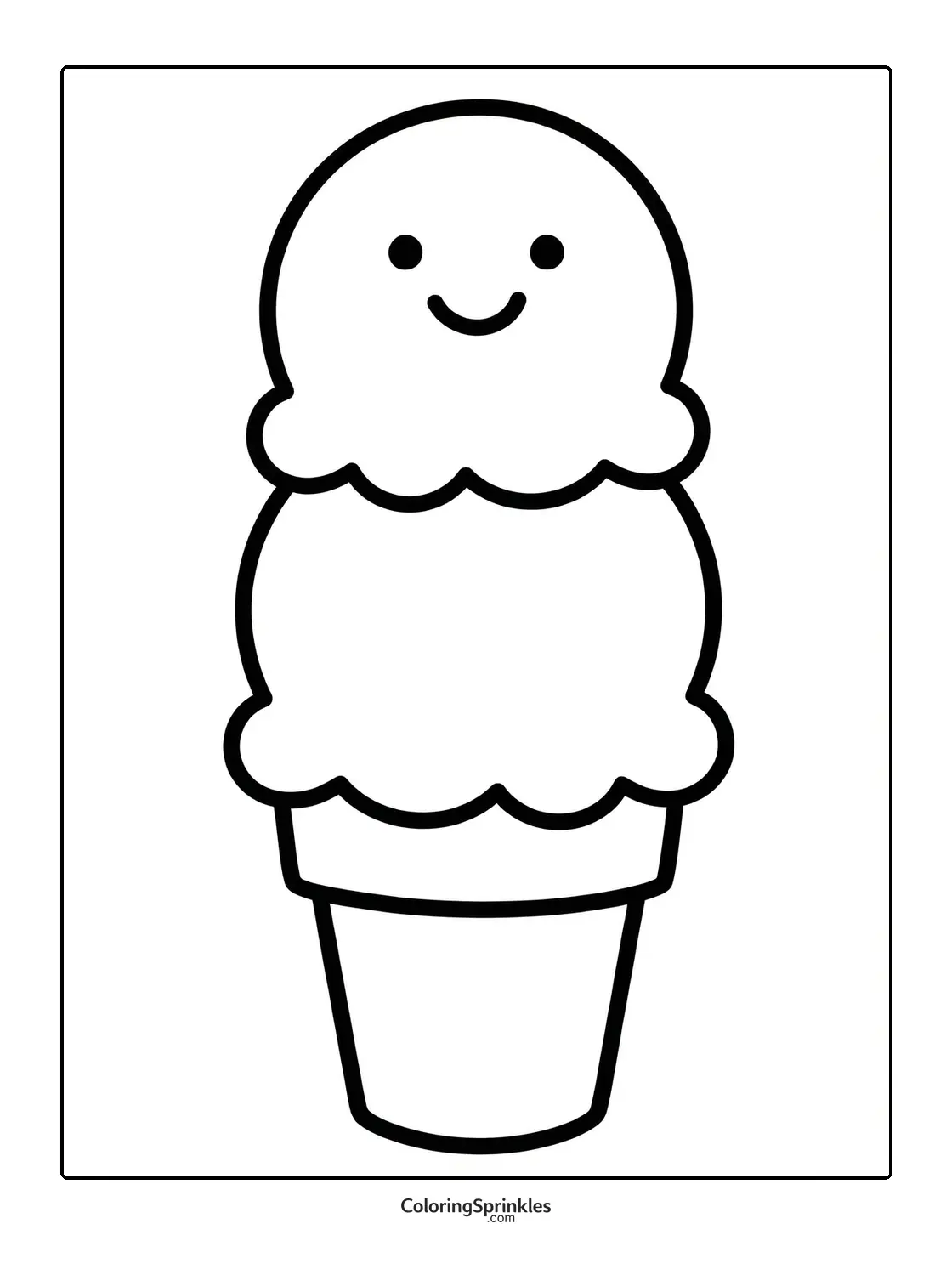Coloring page of a smiling ice cream cone with two scoops