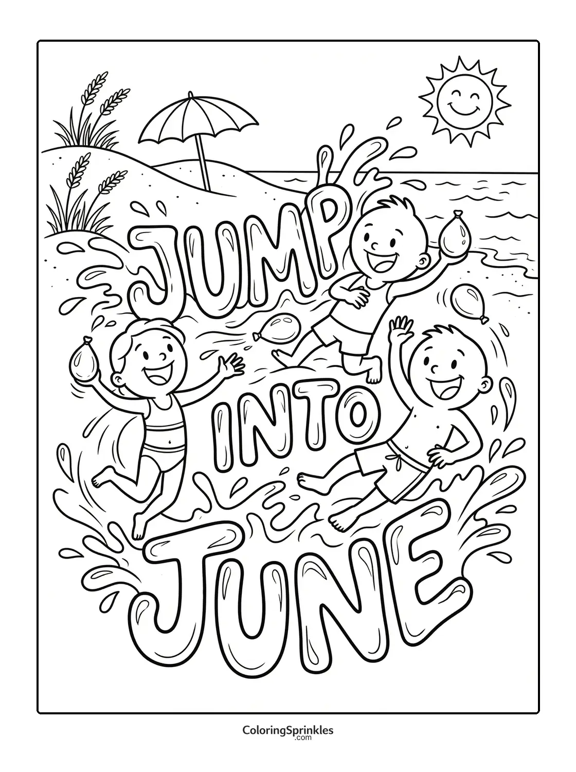 Coloring page of kids jumping into water with balloons at the beach